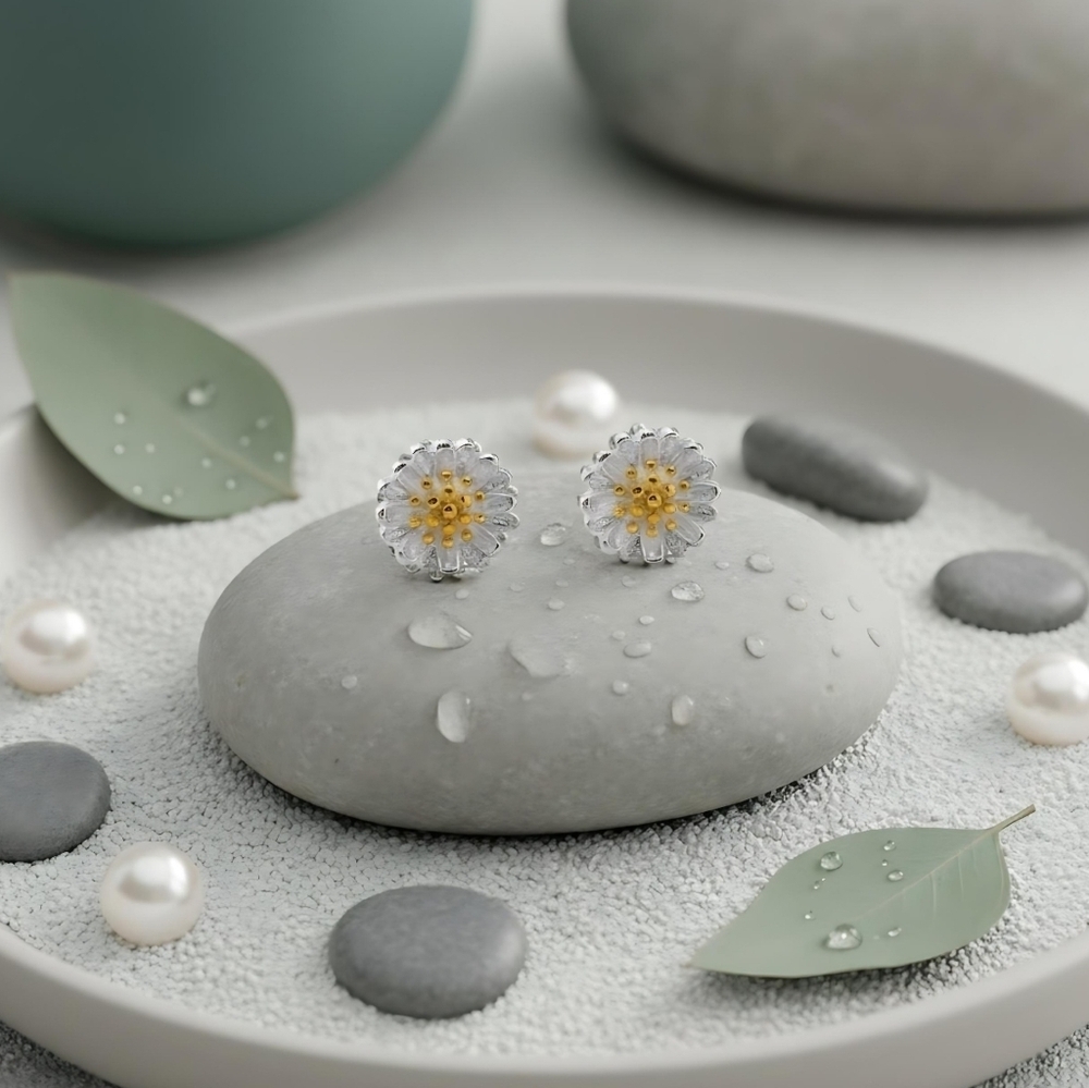 Solid S925 Sterling Silver Daisy Delights Dainty Minimalist Stud Earrings